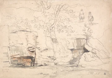 Una ladera rocosa con árboles y figuras